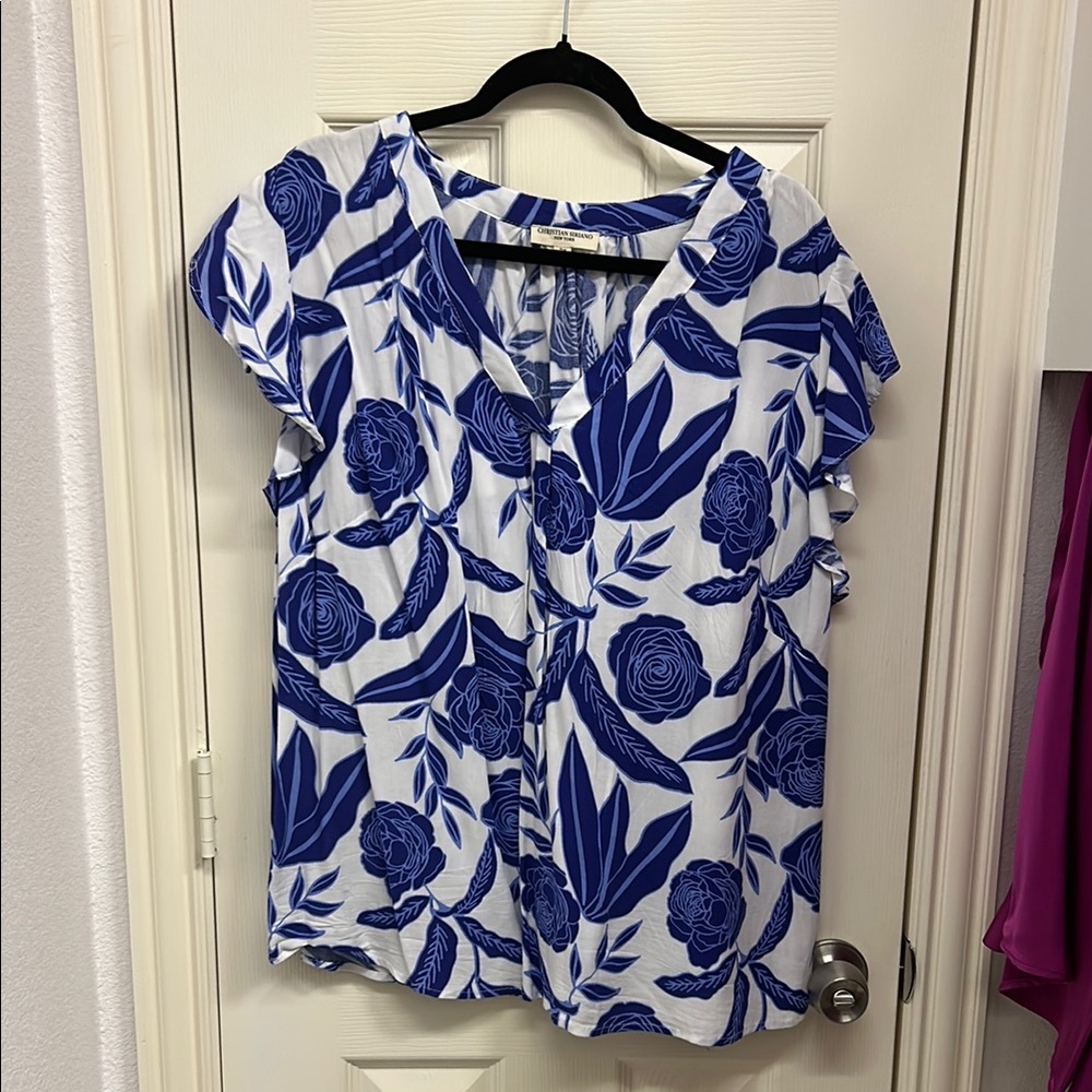Christian Siriano Blue and White Floral Blouse